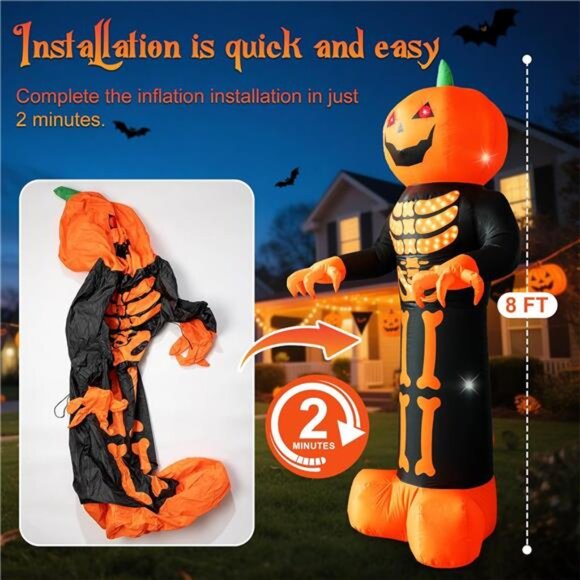 8 FT Halloween Inflatables Pumpkin Reaper Ghost with Magic Lightshow Bones - Picture 2 of 6